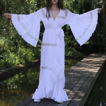 

New of big shop sign V is gotten horn sleeve white hollow out irregular falbala long dress