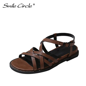 

Smile Circle/Summer Sandals Women's Dongdaemun 2020 New Simple Wild Open Toe Cross Strap Flat Sandals Student Casual Ladies Sand