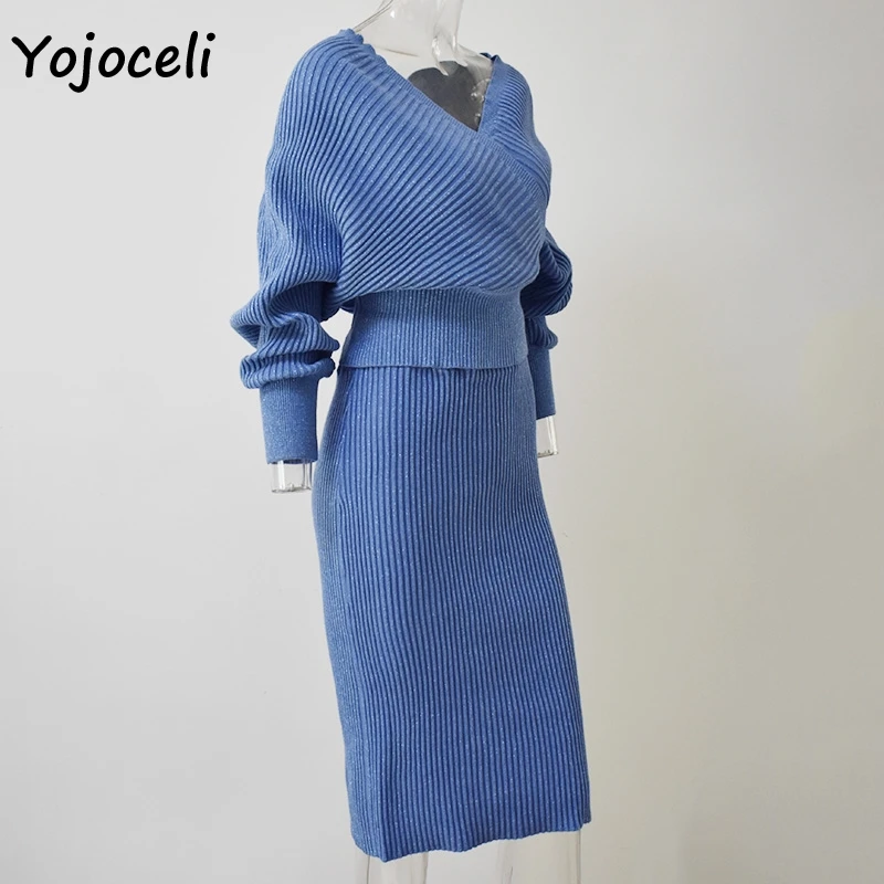 Yojoceli осеннее зимнее трикотажное платье из двух частей женское повседневное облегающее платье с открытыми плечами