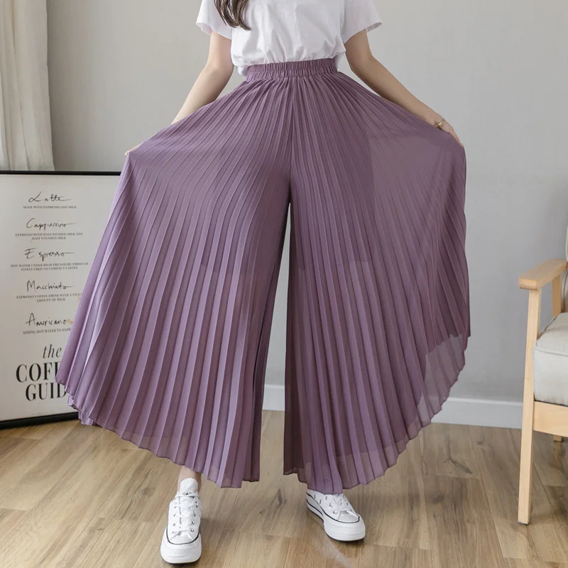 Women Elegant Chiffon High Waist Wide Leg Pants Casual Korean