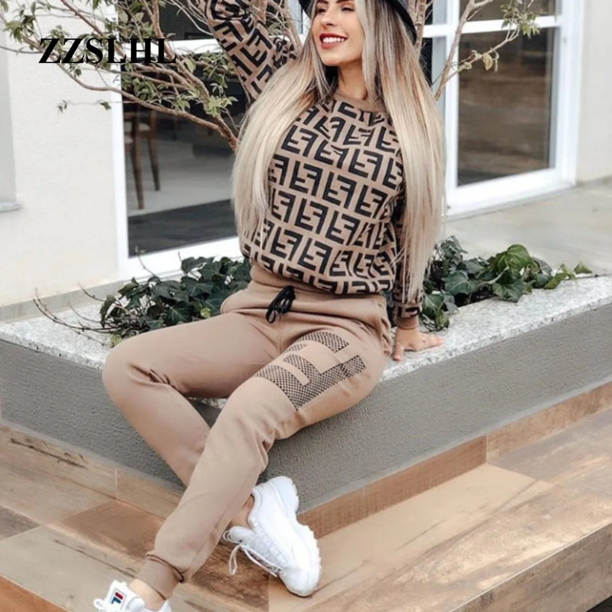 

Fitness leisure sport two-piece suit 2020 autumn and winter New style printed Top two-piece set and pants