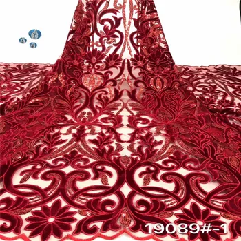 

Nigerian Lace Fabrics 5yard 3D Sequins lace fabric net lace fabric 2020 red Sequins, velvet lace fabric for haute couture dress