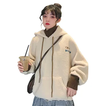 

Korean Style Oversize Hoodie Sweatshirts Thick Blue Loose Hooded Sweatshirt Winter Long Sleeve Warm Hoodies Women Streetwear