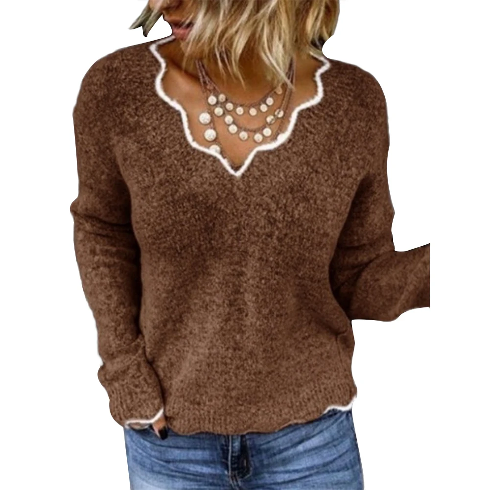 Осенне-зимний Однотонный свитер с v-образным вырезом, пуловер, Женский вязаный свитер, женский свитер с длинным рукавом, дешевый