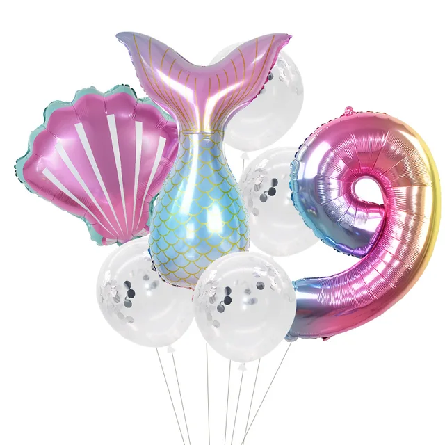 Little Mermaid Party Balloons 32inch Number Foil Balloon Kids Birthday Party Decoration Supplies Baby Shower Decor Helium Globos 7pcs number9 set