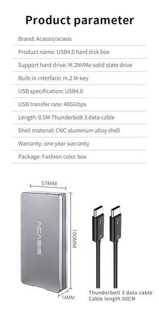 Acasis Thunderbolt 3 USB4.0 Mobile M.2 Nvme Enclosure 40Gbps Type