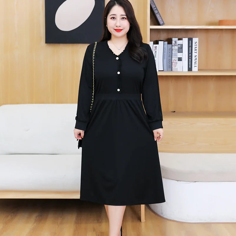 

Elegant Long Sleeve Women Dress Slim High Waist V-neck Midi Casual Dresses 4XL To 8XL Oversized Dress Black T0002