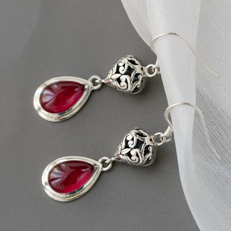 

Authentic 925 Sterling Silver Eardrop Inlaid Artificial Ruby National Style Creative Trendy Long Earrings Fine Jewelry Gift