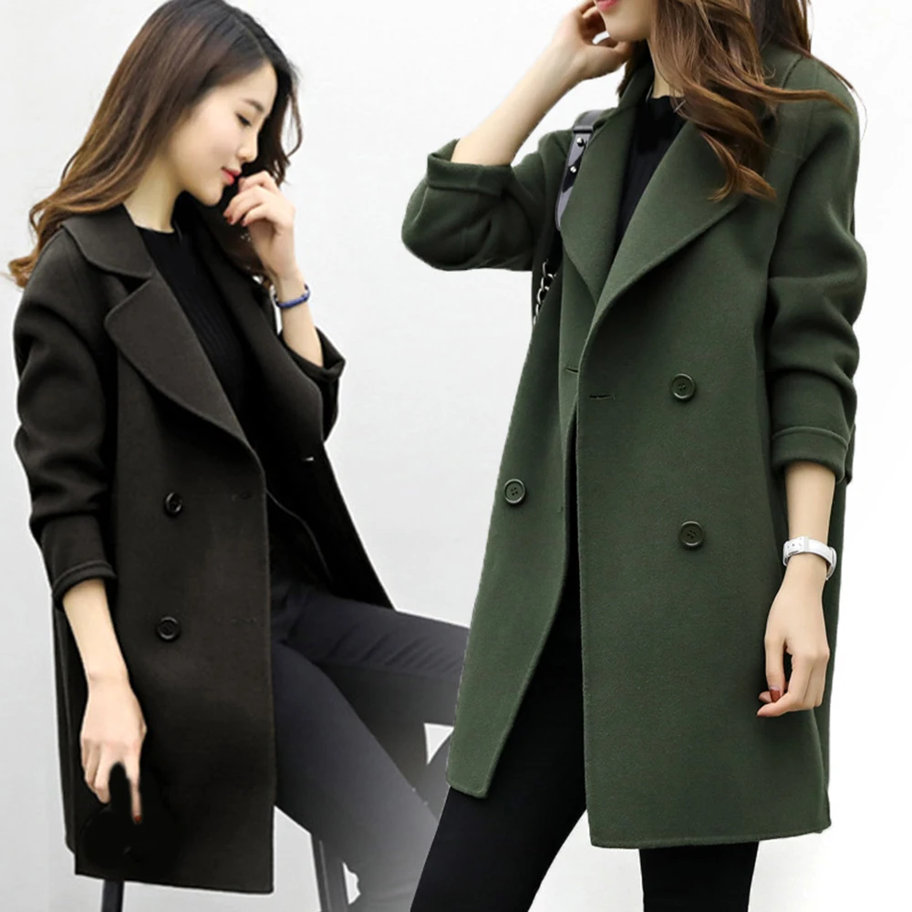 

Women Double Breasted Woolen Trench Coat Slim Long Jacket Winter Solid Overcoat Autumn Loose Causal Business Female Outwear