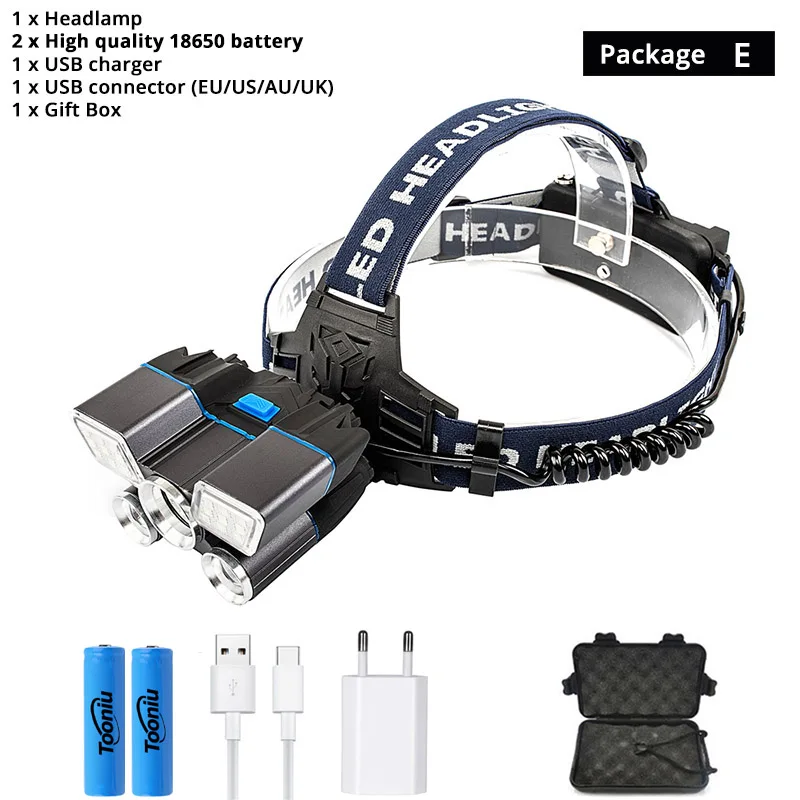 Package E Супер яркий светодиодный налобный фонарь с зарядкой от USB, красный и синий предупреждающий светильник 21 лампа из бисера, Водонепроницаемый светодиодный налобный светильник для рыбалки и охоты - Испускаемый цвет: Package E