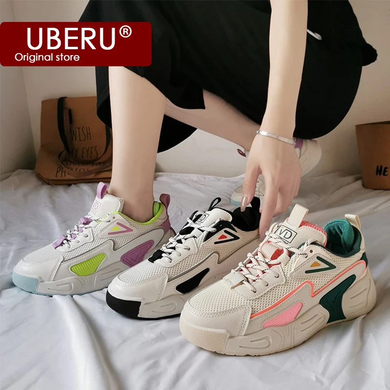 

2020 new spring casual sports shoes women's wild mesh vulcanized shoes pu increased soft bottom white tennis cake women's shoes