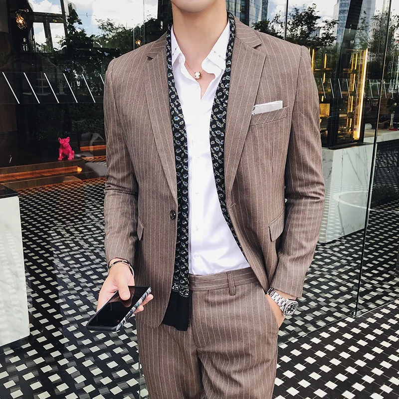 

Autumn New Korean Version Of The Self-cultivation Men's Striped Suit Two-piece Groom Wedding Dress Suit Tide