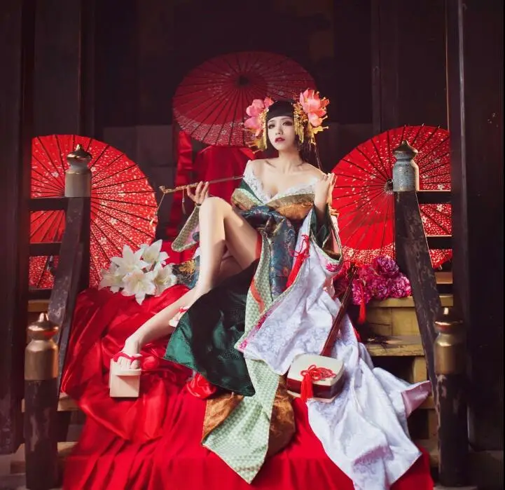Japanese Anime MAJOKO Kimono Plum Flower Woman Stage Performance Coat Spring Summer Outer Garment+Waistband | Тематическая одежда