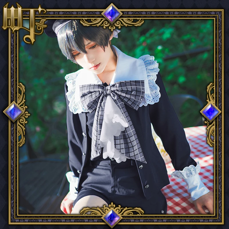 Аниме Черный Дворецкий Косплей Kuroshitsuji костюмы Ciel Phantomhive ролевые игры Униформа пальто+ футболка+ брюки+ бант+ шляпа+ носки+ Леггинсы Новинка