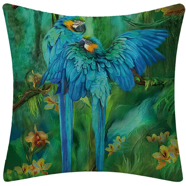 Pair of Birds Pattern Cushion Cover Fauxlinen Decorative Throw Pillows Parrot Tropical Plants Sofa Couch Pillowcase Home Decor 4