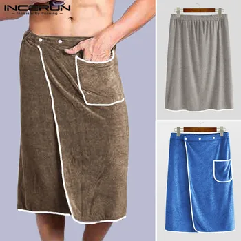 

Soft Men Bathrobe Pockets Solid Comfortable Homewear Button Men Bath Skirts Towel Robes Shower Men Beach Bathrobes S-5XL INCERUN