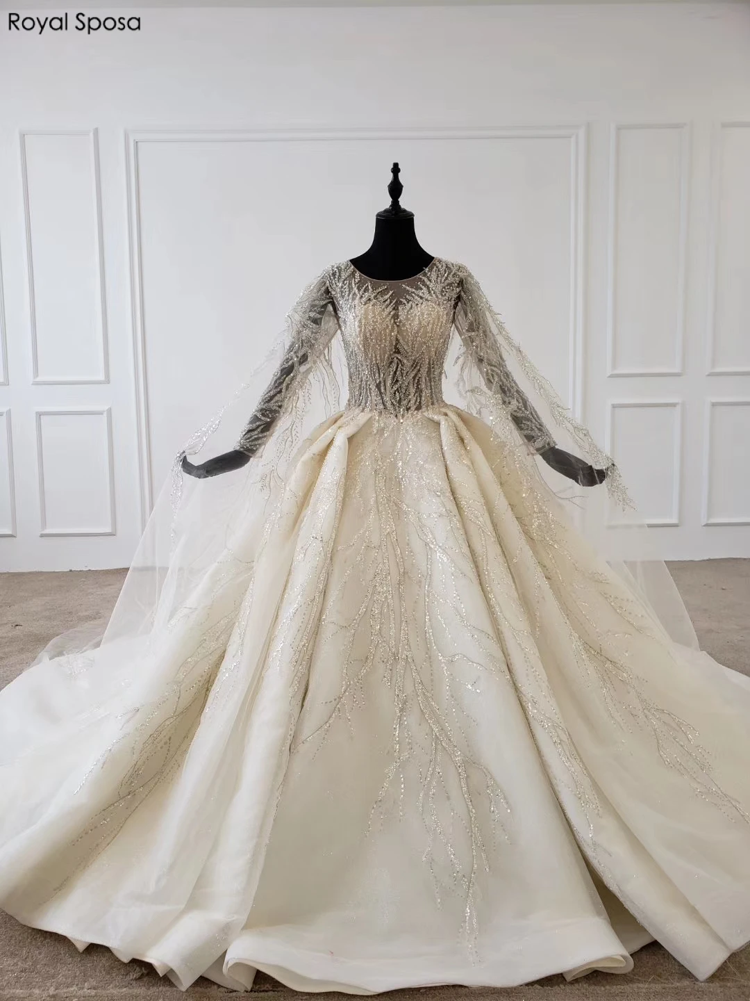 Роскошное свадебное платье цвета шампанского со шлейфом, Королевское Платье со шлейфом и круглым вырезом, кружевные свадебные платья с длинным рукавом, высокое качество, vestido de noiva