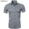 Gray Elastic Bamboo Fiber Shirt Men Brand Summer Short Sleeve Mens Dress Shirts Non Iron Easy Care Business Work Chemise Homme 1