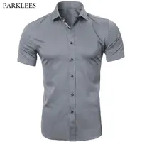 Gray Elastic Bamboo Fiber Shirt Men Brand Summer Short Sleeve Mens Dress Shirts Non Iron Easy Care Business Work Chemise Homme 1
