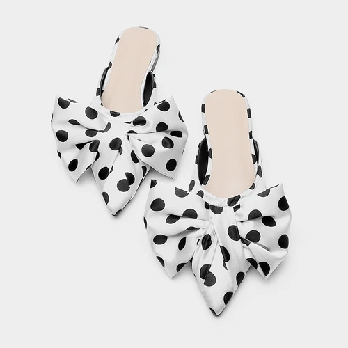 2020 Summer New Pointed Toe Baotou Half Slippers Polka Dot Bow Flat Heel Slipper White dots