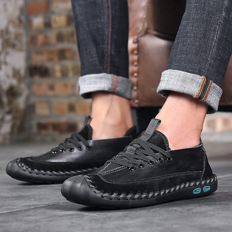 

Fashion genuine Leather Shoes Men Outdoor Casua handmade Sewing Geometric Loafers Lace Up Male Sneakers Tenis Masculino Adulto 4