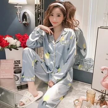 

2020 New Two Piece Women Pajamas Sets Silk Satin Pyjamas Autumn Print Long Sleeve Sleepwear Set Plus Size Home Clothes Pijamas