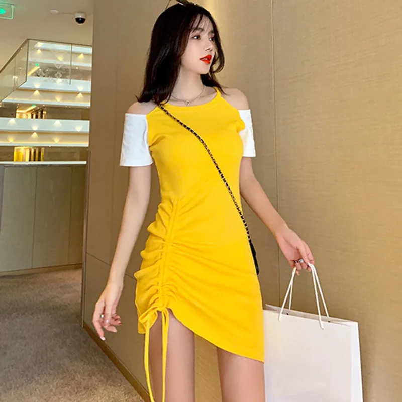 

Drop Shipping Women Fashion Dress Sexy Strapless Short-sleeved Dress Stitching Color Long-sleeved Drawstring Dress Yellow