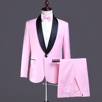 

2020 men pink shawl collar suit the host party dress the groom suit two studio photos suit cultivate one's morality