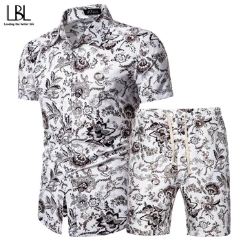

Men's Set Summer Beach Style Flower Print Tracksuit Men Single Breasted T Shirt + Shorts Two Piece Set Short SleeveStreetwaer