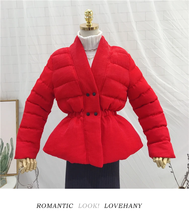 Cotton coat winter new V-neck waist slim cotton jacket