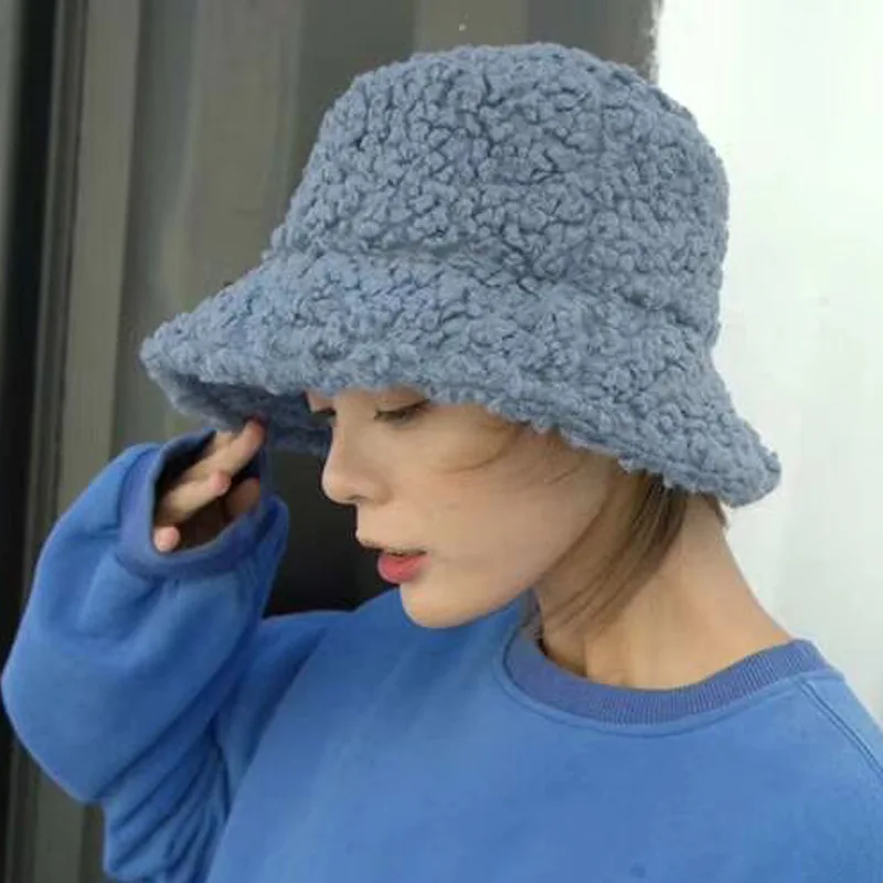 Зимняя шапка-ведро из искусственного меха для женщин и девушек, модная однотонная утолщенная мягкая теплая шапка для рыбалки, Женская плюшевая пушистая Панама - Цвет: blue