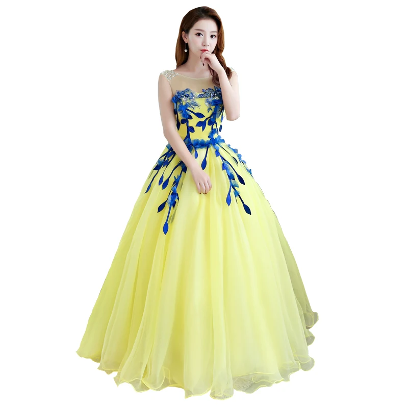 

Princess Ball Gown Quinceanera Dresses Sheer Yellow Sweet 15 Years Old Dress Floral Appliqued Prom Pageant Birthday Party Gowns