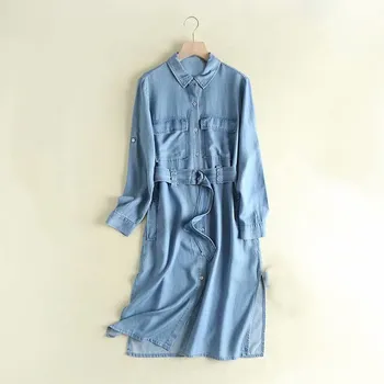 

Autumn Casual Denim Trench Coat Women Belt Pocket Long Sleeve Light Blue Long Coat