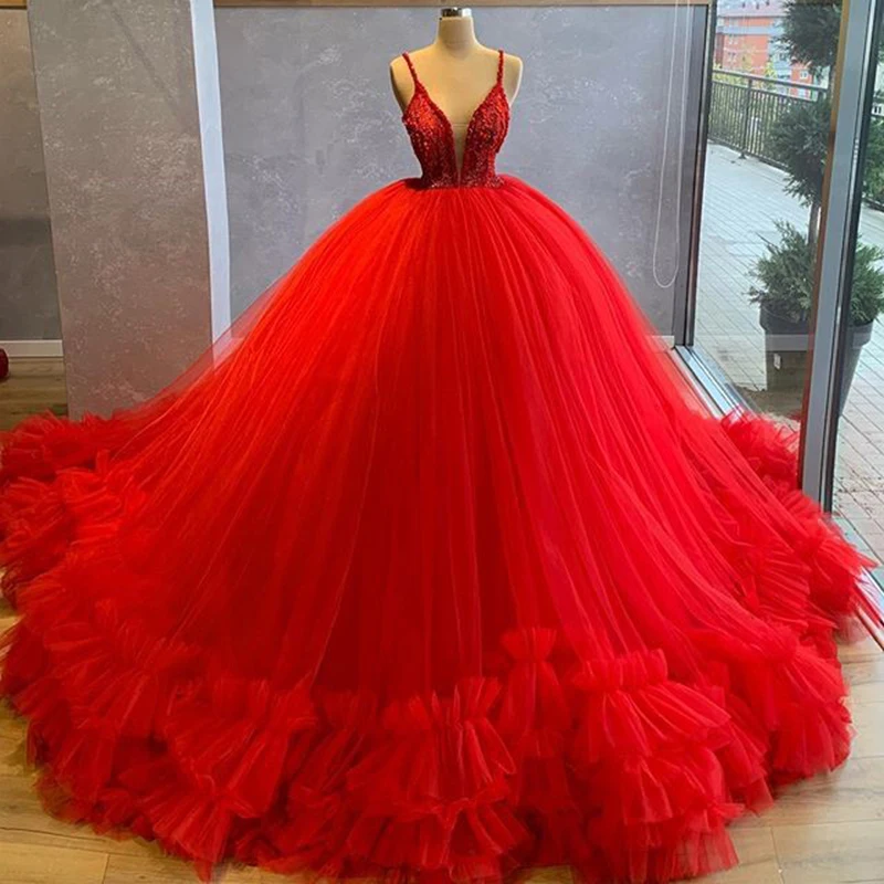 

Red Long Evening Dresses 2020 Real Picture V-necK beaded Top Puffy Ball Gown Women Formal Evening Gowns