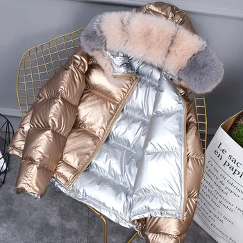 

Winter Coat Big Fox Fur Collar Silver Golden Duck Down Jacket Women Double Sided Wear Hooded Waterproof Parkas Outerwear BY19