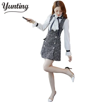 

2 Pieces Set Womens Dresses Elegant Party Evening Vestidos Autumn Winter Korean OL Double Breasted Overalls Suit