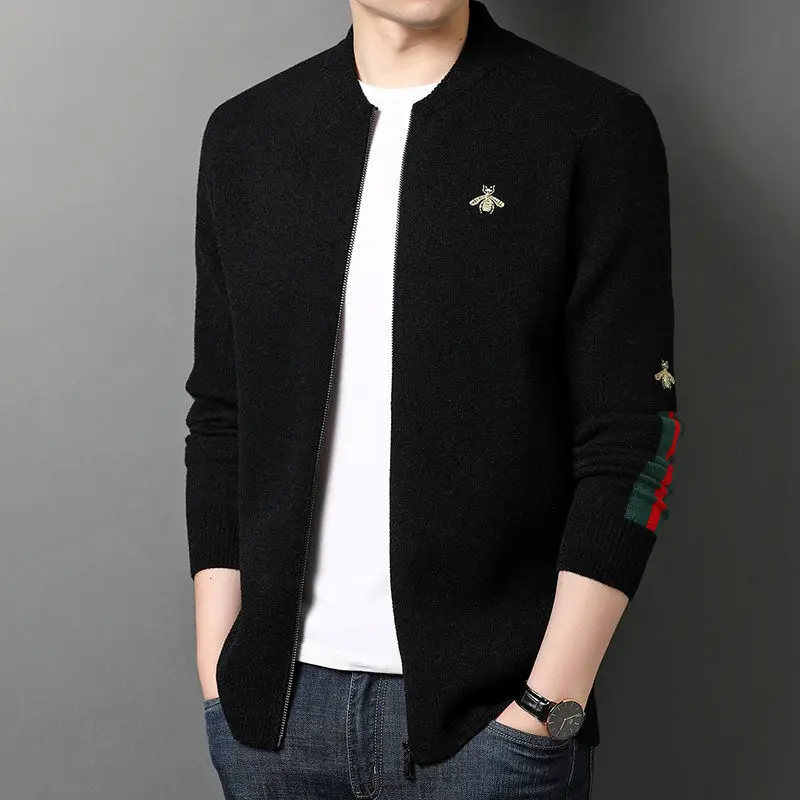 Мужской вязаный кардиган модный свитер на молнии с вышивкой пчела повседневное