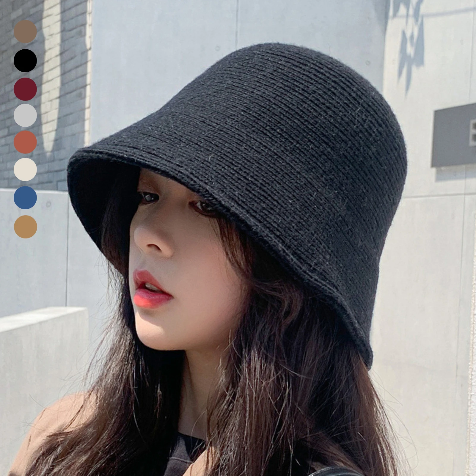 white bucket hat Women Solid Color Wool Bucket Hat Drawstring Fisherman Vintage Knitted Basin Cap female bucket hat