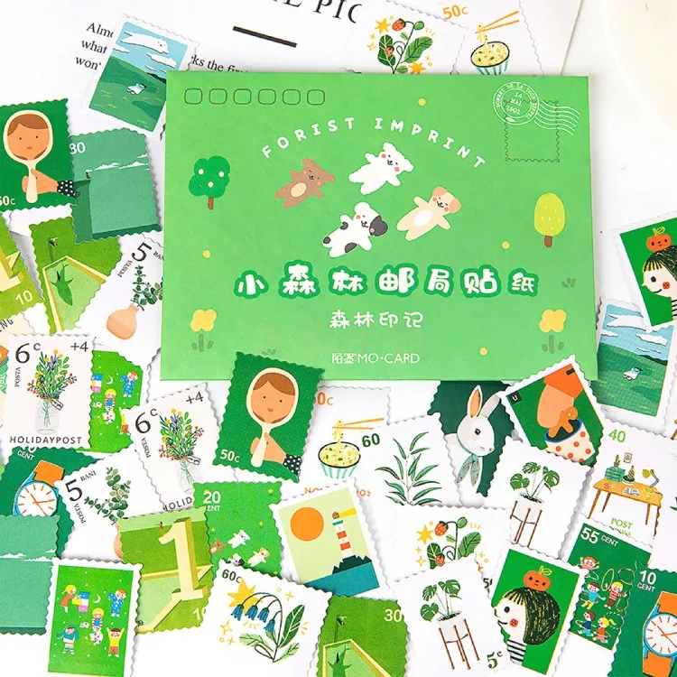 46pcs/pack Forest Painting Post Stamp Self-adhesive Washi Paper Stationery Sticker Set Decoration For Scrapbooking Diary Album afbeelding