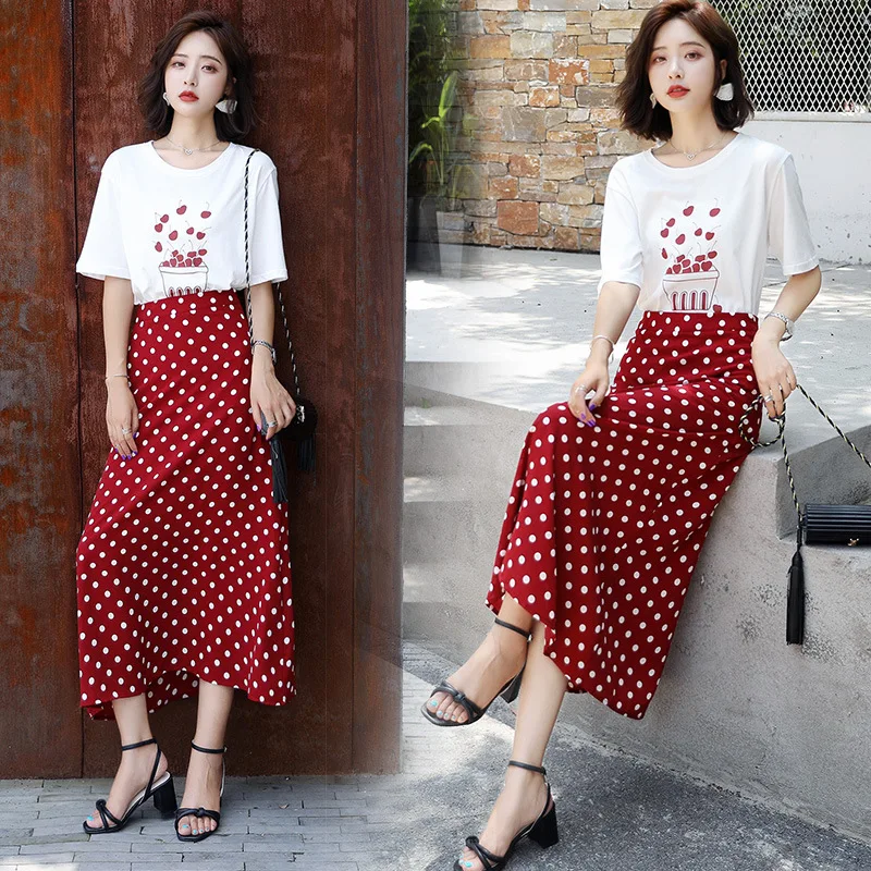 

Playful WOMEN'S Suit 2019 T-shirt One-suit Skirt Subnet Red Sisters Outfit Graceful Polka Dot Social Western Style Two-Piece Set