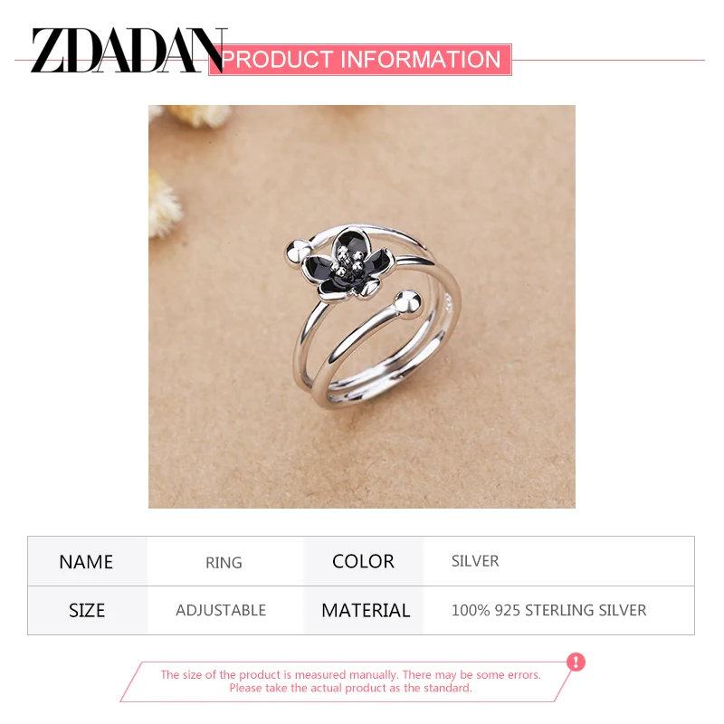 Silver Rings Silver Ring Wedding Rings Rose Flower Ring Metal Flower Ring ZDADAN 925 Sterling Silver Black Flower Adjustable Rings For Women Fashion Charm Gift Wedding Jewelry