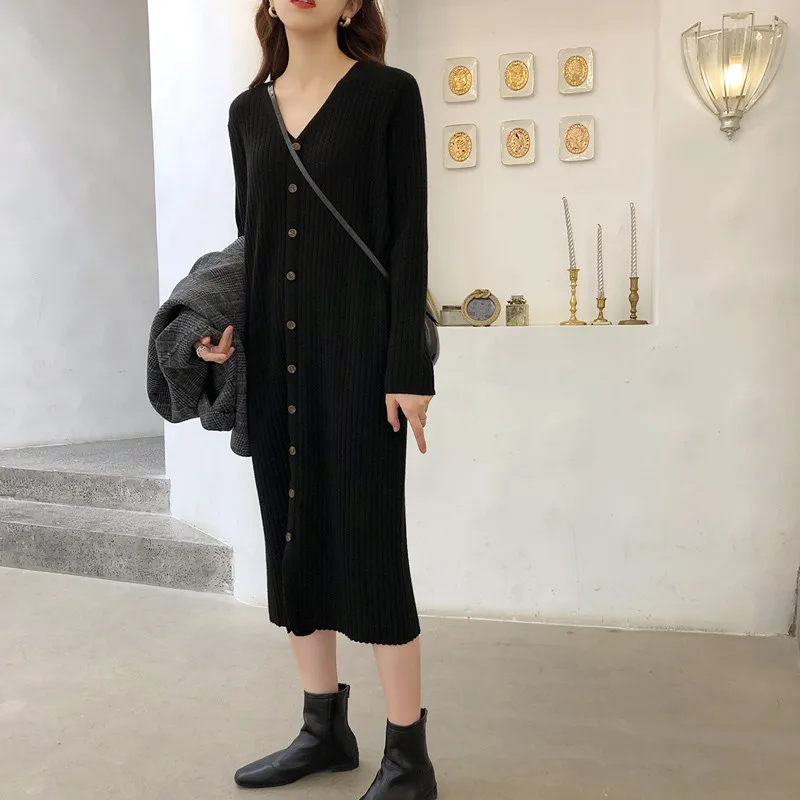 2207# Autumn Winter Korean Fashion Knitted Maternity Long Sweaters Loose Dress Clothes for Pregnant Women Chic Ins Pregnancy