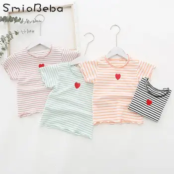 

Summer Korean Baby Shirts Children's Lace Girls T-shirt Baby Embroidered Love Stripe Short Sleeve Top Kids Blouse Girls Children