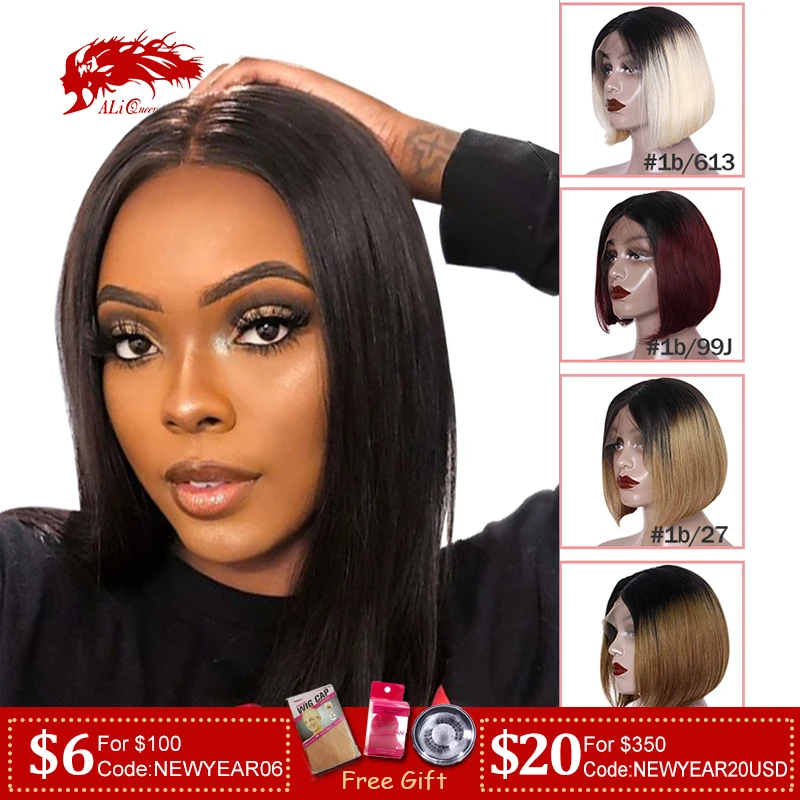  Brazilian Remy Hair Part Lace Wigs 130% Density Middle Part #1B #613 #1B/99J Short Human Hair Wigs 