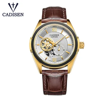 CADISEN Skeleton Tourbillon Mechanical Watch Men Japan 82S7 Automatic Classic Gold Leather Sapphire Wrist Watches Reloj Hombre