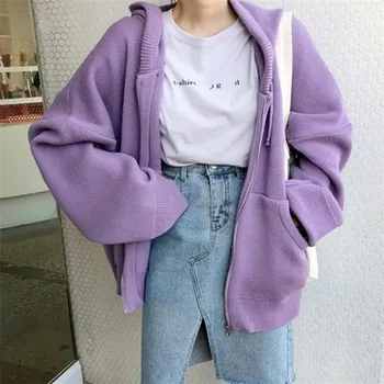 

Autumn Winter 2019 Long Cardigans Women Sweaters Zipper Hooded V-Neck Pockets Casual Solid Loose Tops