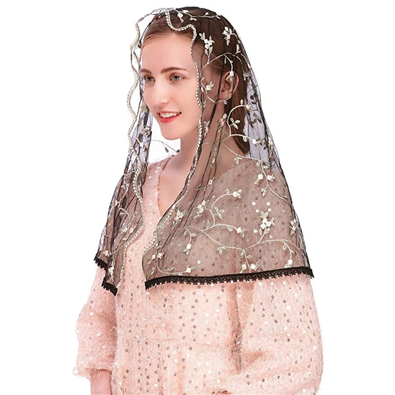 

D Shape Women Mantilla for Church Head Coverings Catholic Mass Chapel Tulle Lace Embroidered Black Ivory Floral Head Wraps New