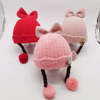 

Baby Girl Hat Winter Warm Cotton Knit Pom Beanie Cute Ball Design Baby Caps With Fake Braid