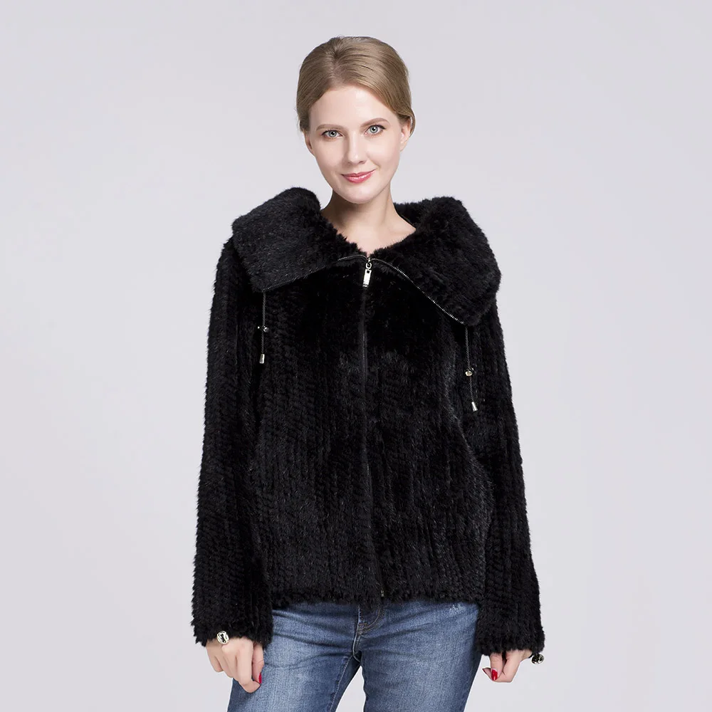 MS. Minshu, вязаная норковая Меховая куртка, отложной воротник, зимнее пальто, натуральная норковая Меховая куртка, настоящая норковая шуба - Цвет: black