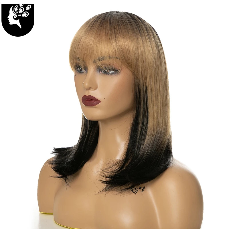 

Your BeautyShort Wavy Wigs for Black Women African American Synthetic Ombre Color Bob Wigs with Bangs Heat Resistant Cosplay Wig